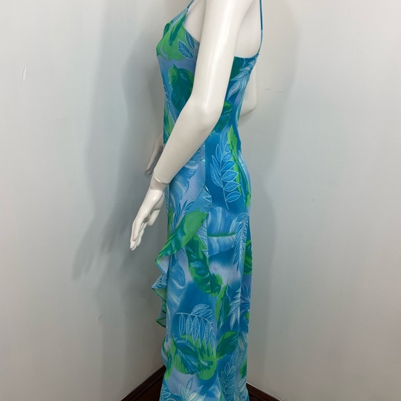 Women’s MIDI Dress 8 Spaghetti Straps High Low Ruffled Hem Blue Green Palm Trees - Picture 14 of 14